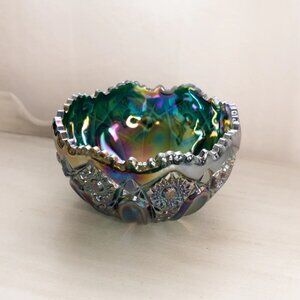 Vintage LE Smith Large Teal Green Iridescent Glass Quintec Bowl Carnival Glass